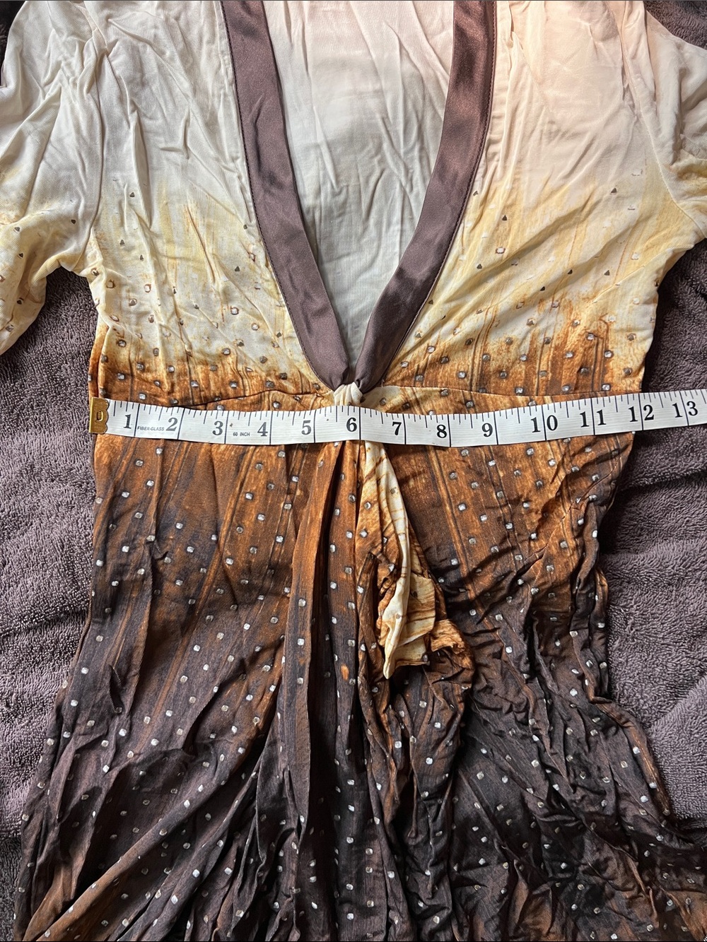 Just Cavalli Cream to Brown Ombre 3/4 Sleeve Dress with Rhinestone Accents - Picture 9 of 10